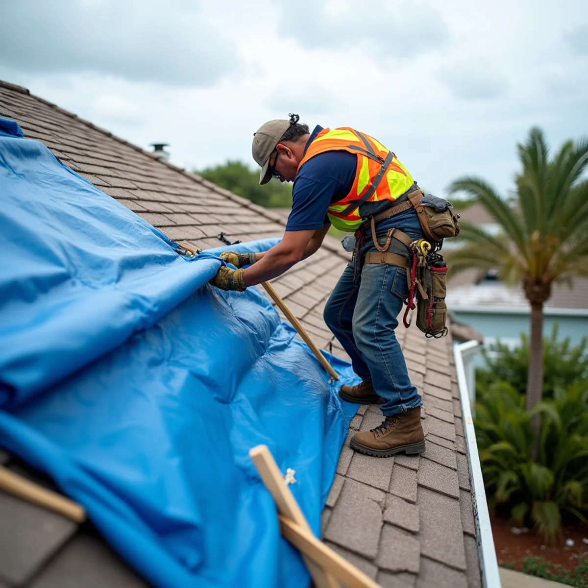 Roofers securing a blue tarp with wood battens over a damaged roof after a hurricane in Palm Beach County