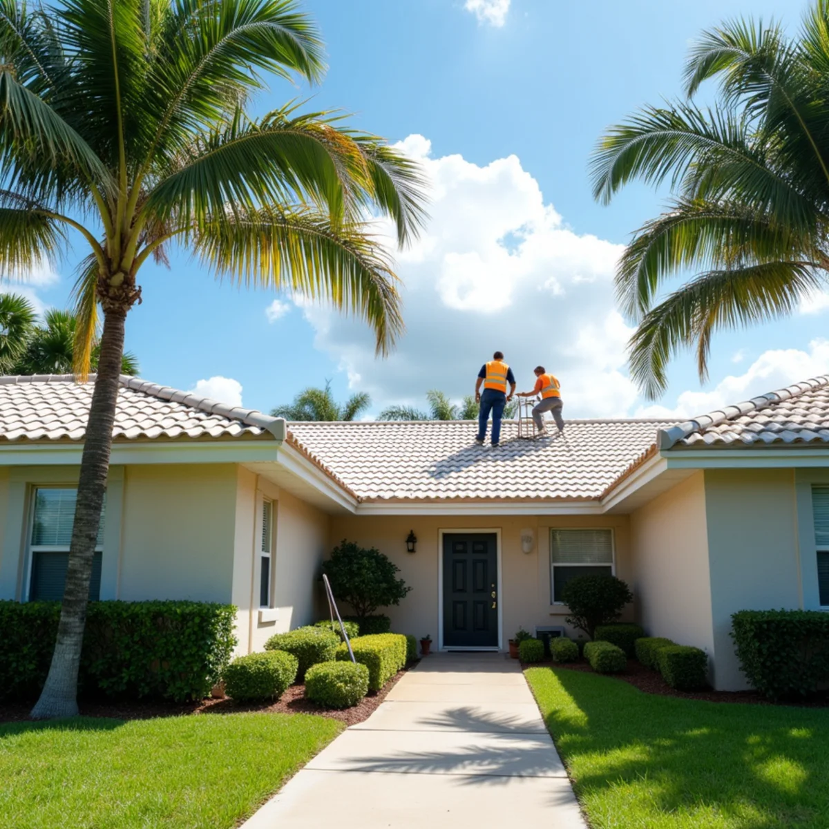 Attached villas with a shared tile roof in a West Boca 55+ community, with one side being re-roofed