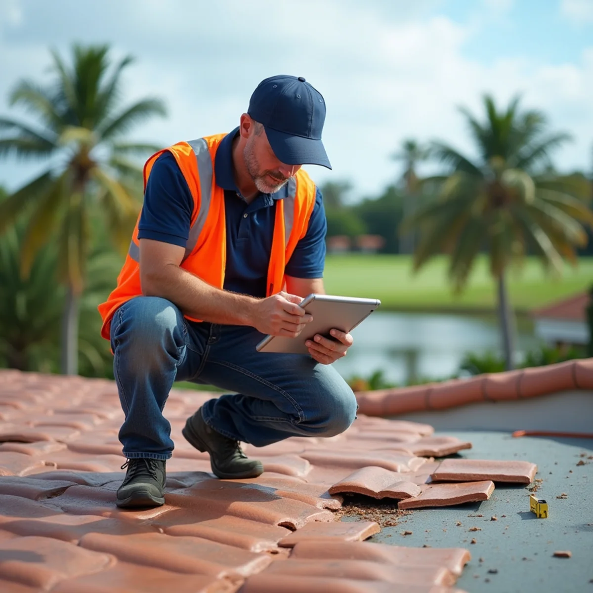 Roofer photographing hurricane damage on a concrete tile roof in a West Boca golf community
