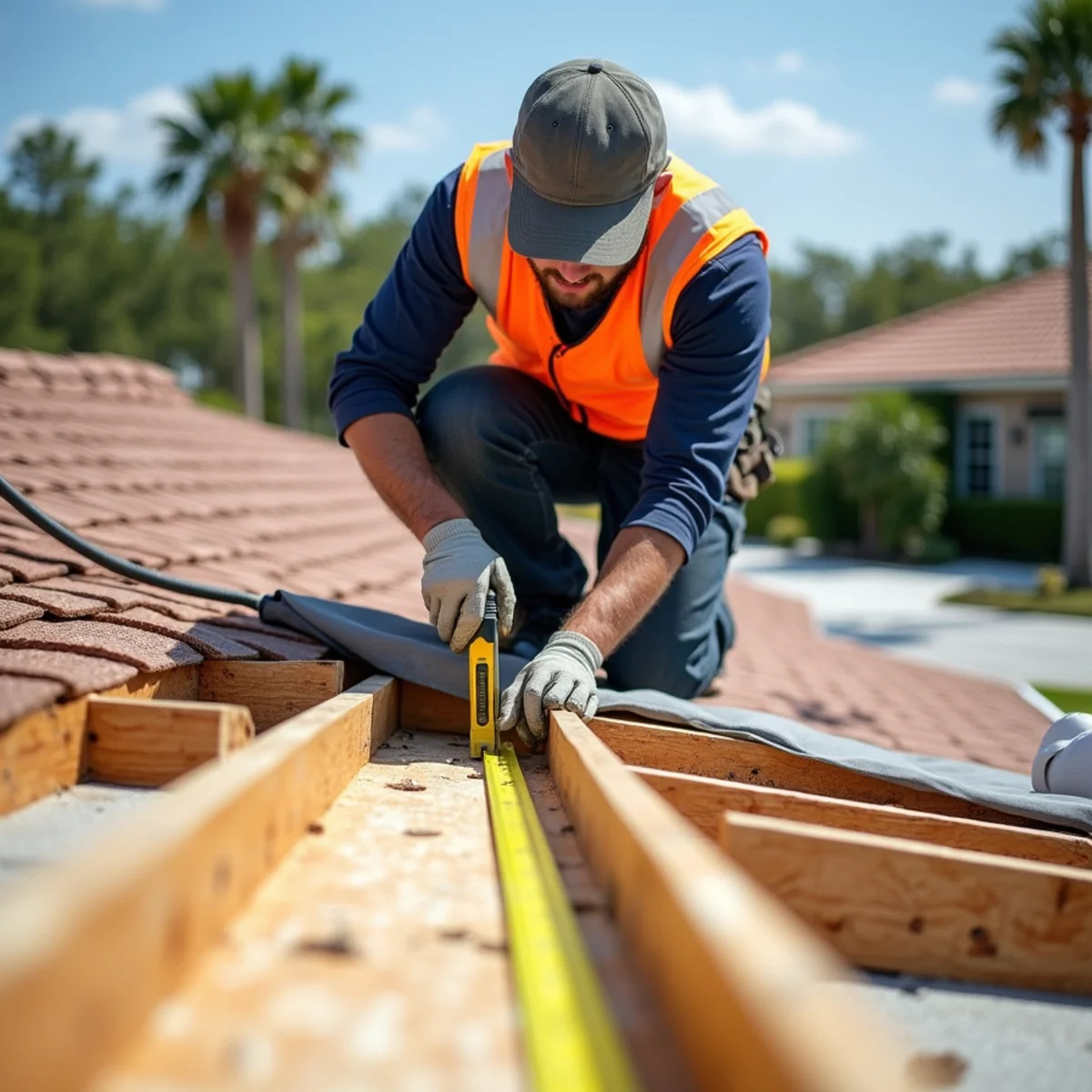 Roofer re-nailing plywood roof deck with ring-shank nails during a re-roof in Palm Beach County