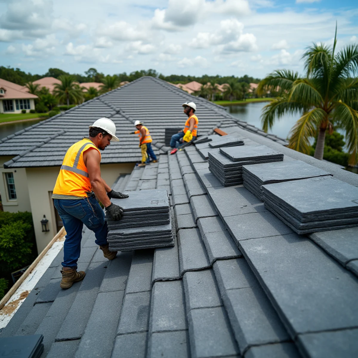 Crew installing new concrete tile over self-adhered underlayment on a Parkland, FL home in the HVHZ