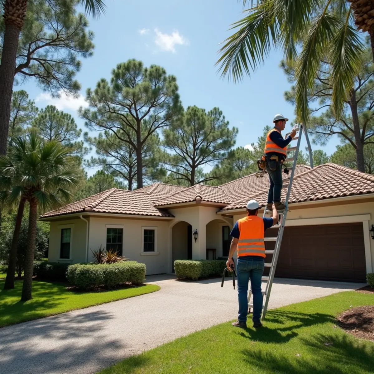 Homeowner and roofer checking tile roof ridges before hurricane season on a Loxahatchee Groves property