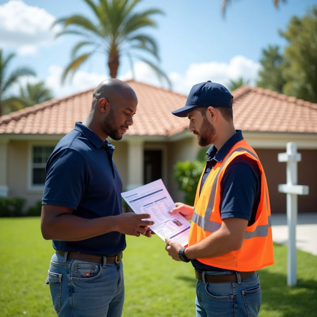 Roofer reviewing a pre-listing roof inspection report with a homeowner outside a Boca Raton home for sale