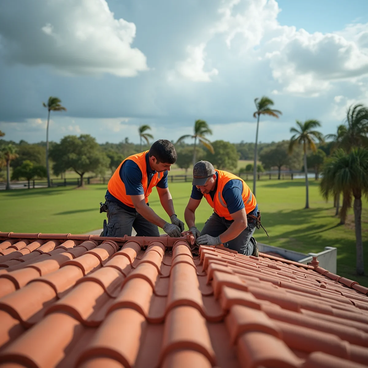 Roofer resetting ridge tiles on a Wellington, FL home that backs onto an open equestrian pasture