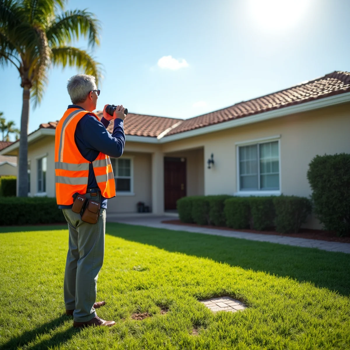 Homeowner checking a roof with binoculars for storm damage to shingles and tile in Sandalfoot Cove, Florida