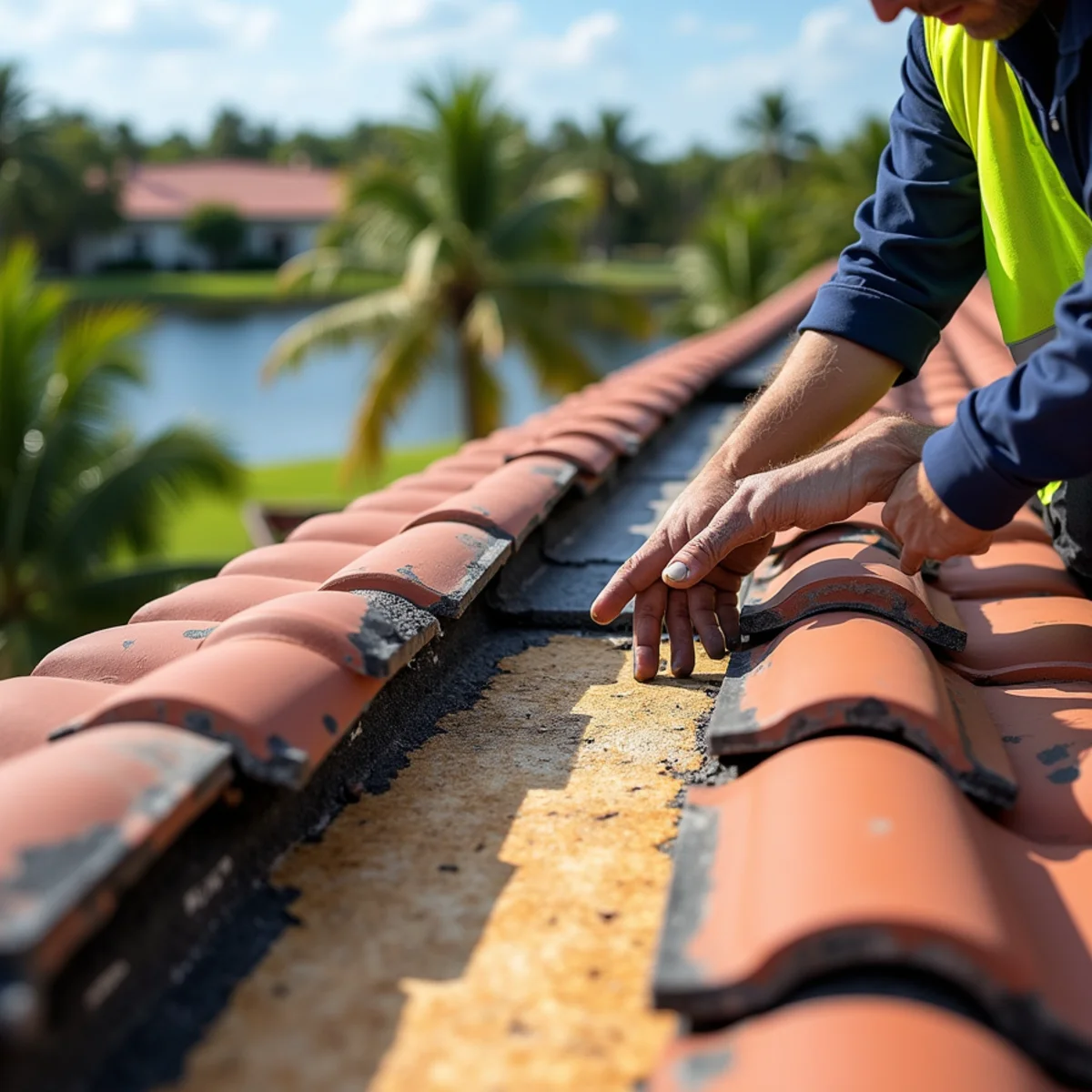 Tiles removed from a Wellington tile roof exposing brittle, cracked original underlayment