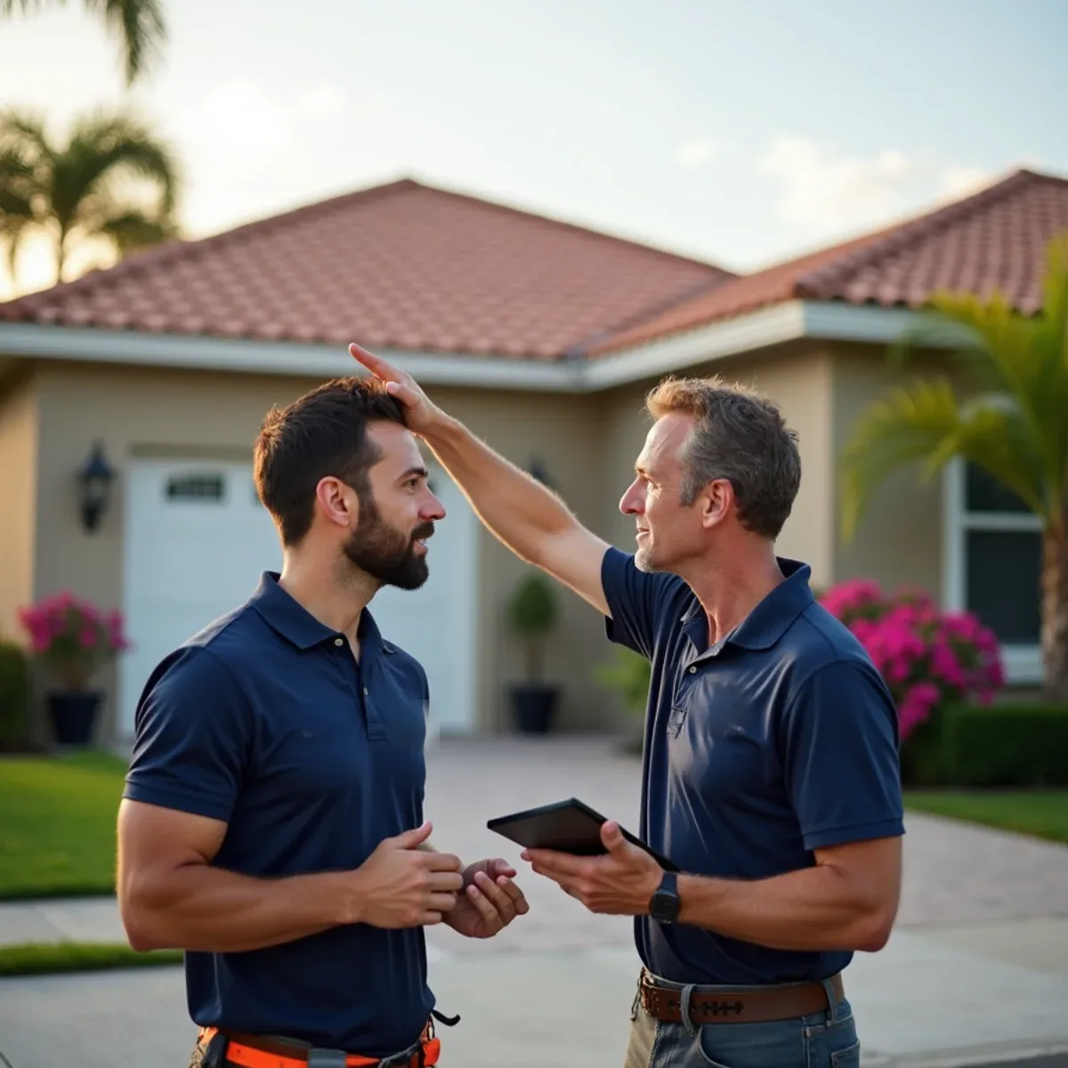 Roofer explaining roof maintenance to a Boca Raton homeowner in the driveway