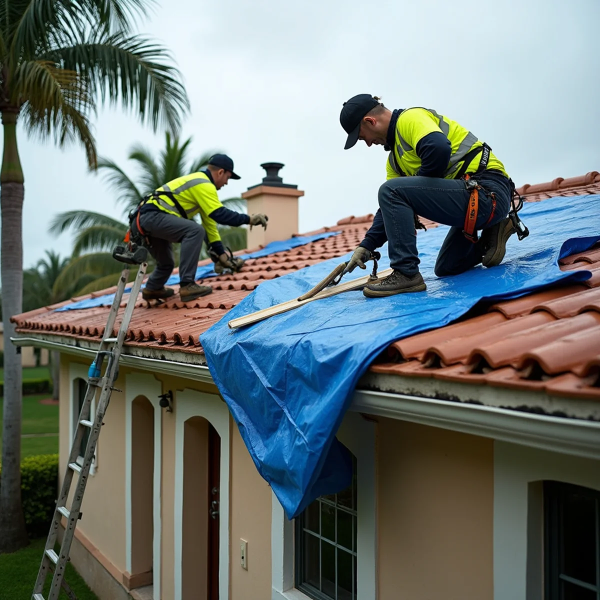 Roofers securing a tarp over storm-damaged concrete tiles on a home in Boca Raton, FL