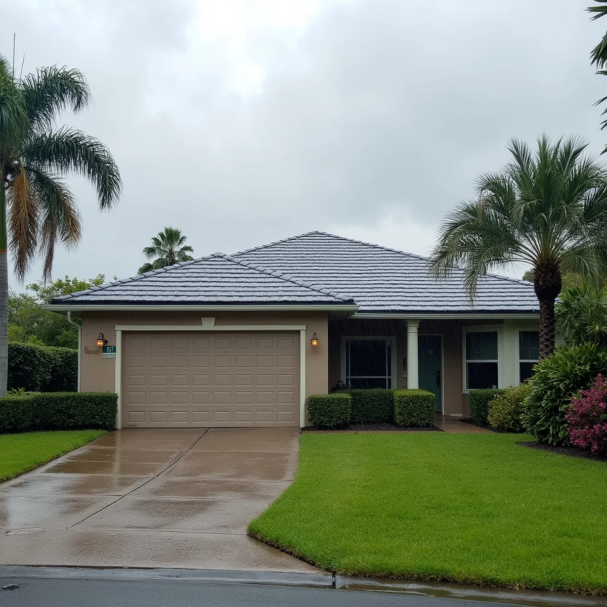 Rain-soaked driveway and gray roof of a West Boca Raton home after an afternoon storm