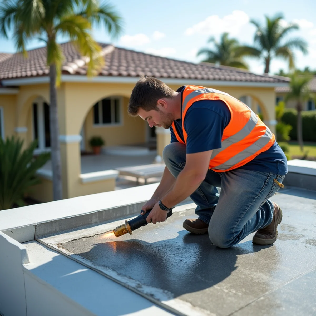 Roofer heat-welding a modified bitumen patch on a flat patio roof in Boca Raton, FL