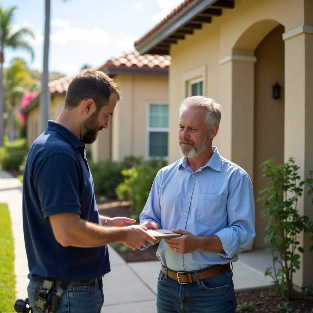 Roofer and property manager matching an approved tile color on a Boca Raton villa roofline