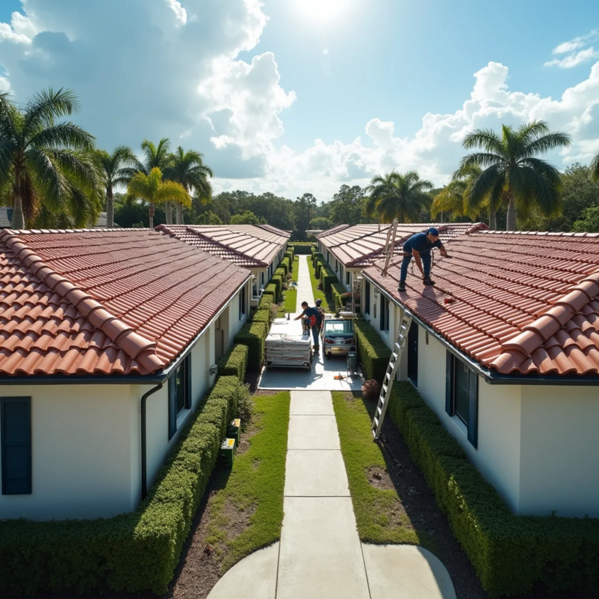 Roofers repairing a shared concrete tile roof on a row of single-story villas in a West Boca Raton, FL community