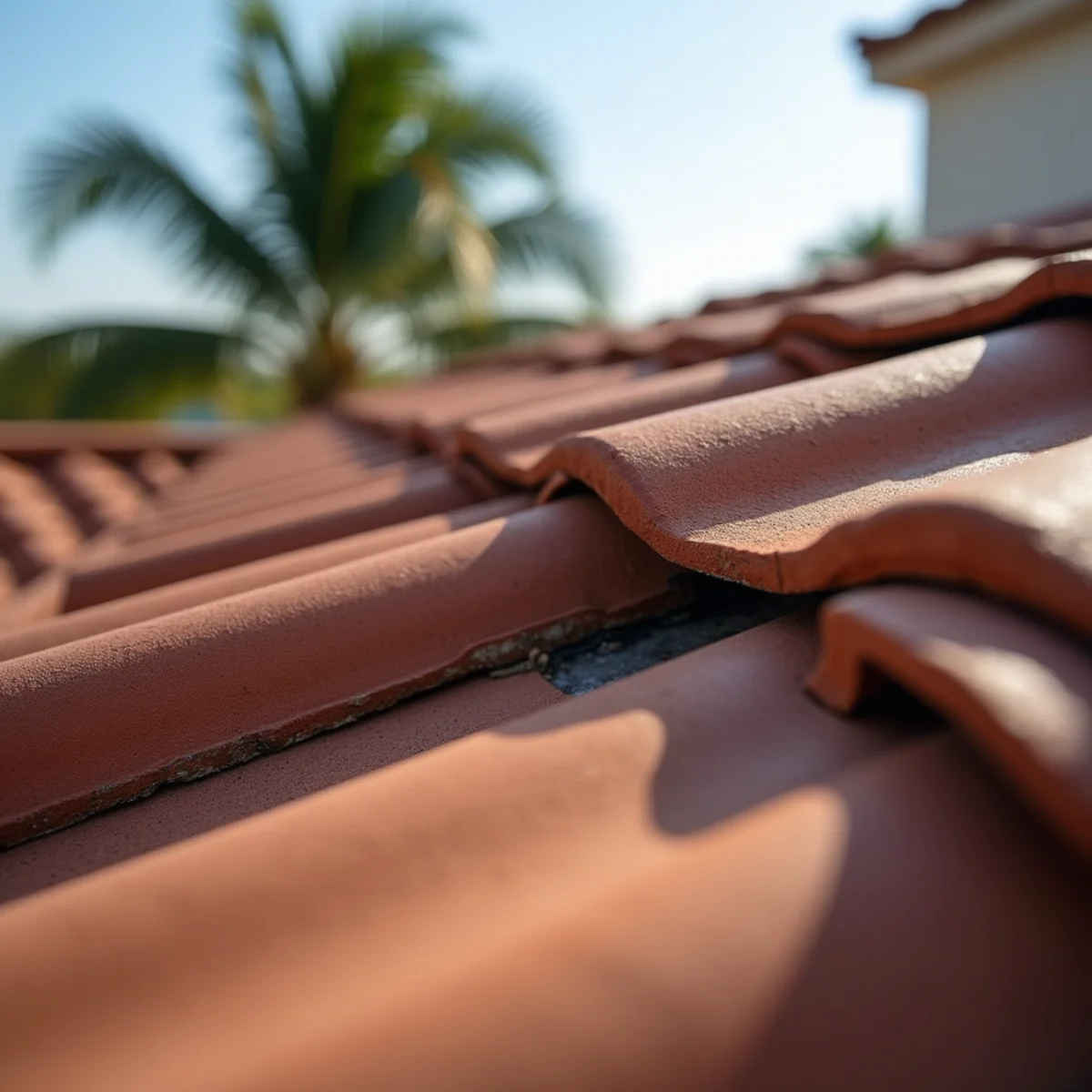 Close-up of concrete barrel tile and hip ridge on a Boca Raton, FL roof