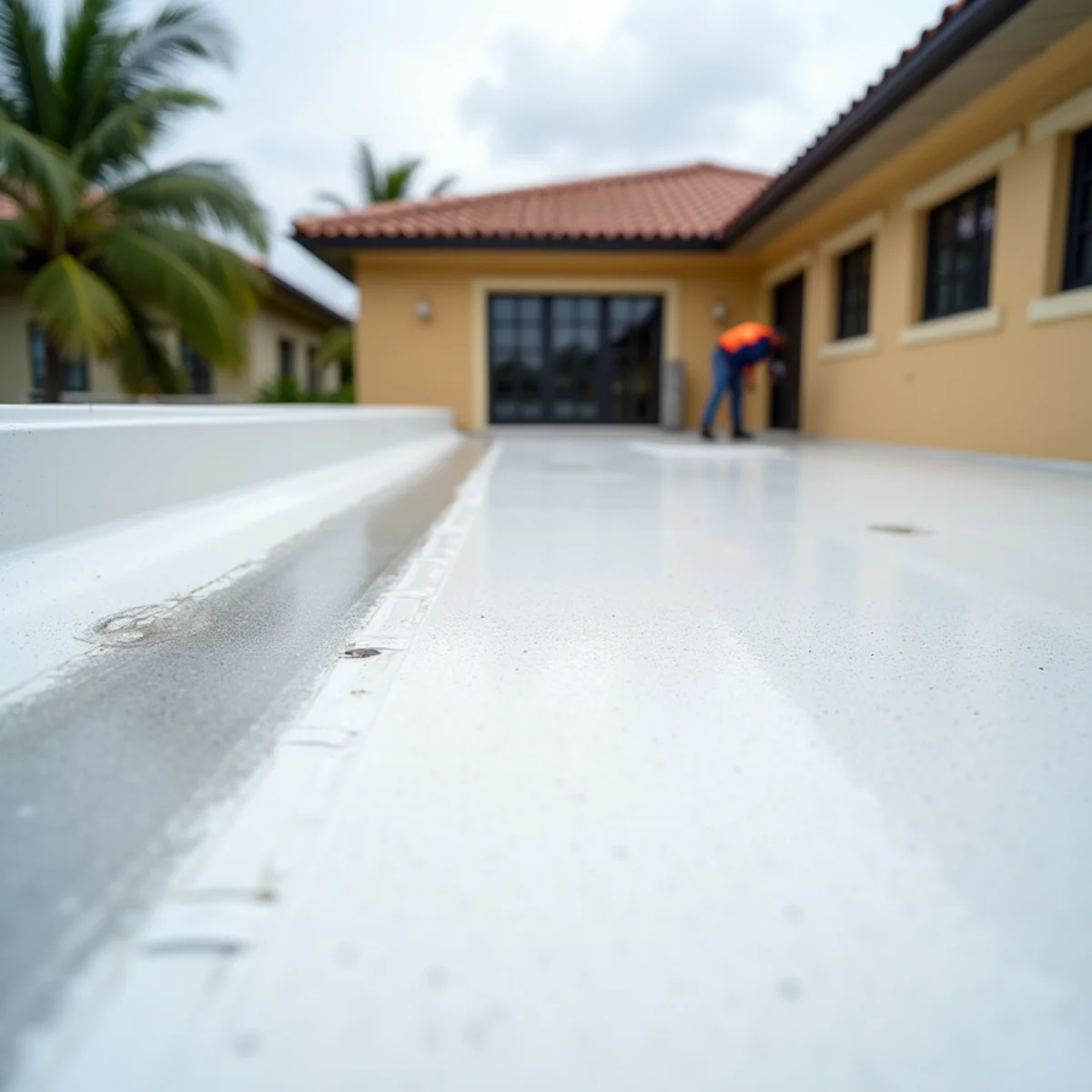 Modified bitumen flat patio roof with scupper drain on a Boca Raton, FL home