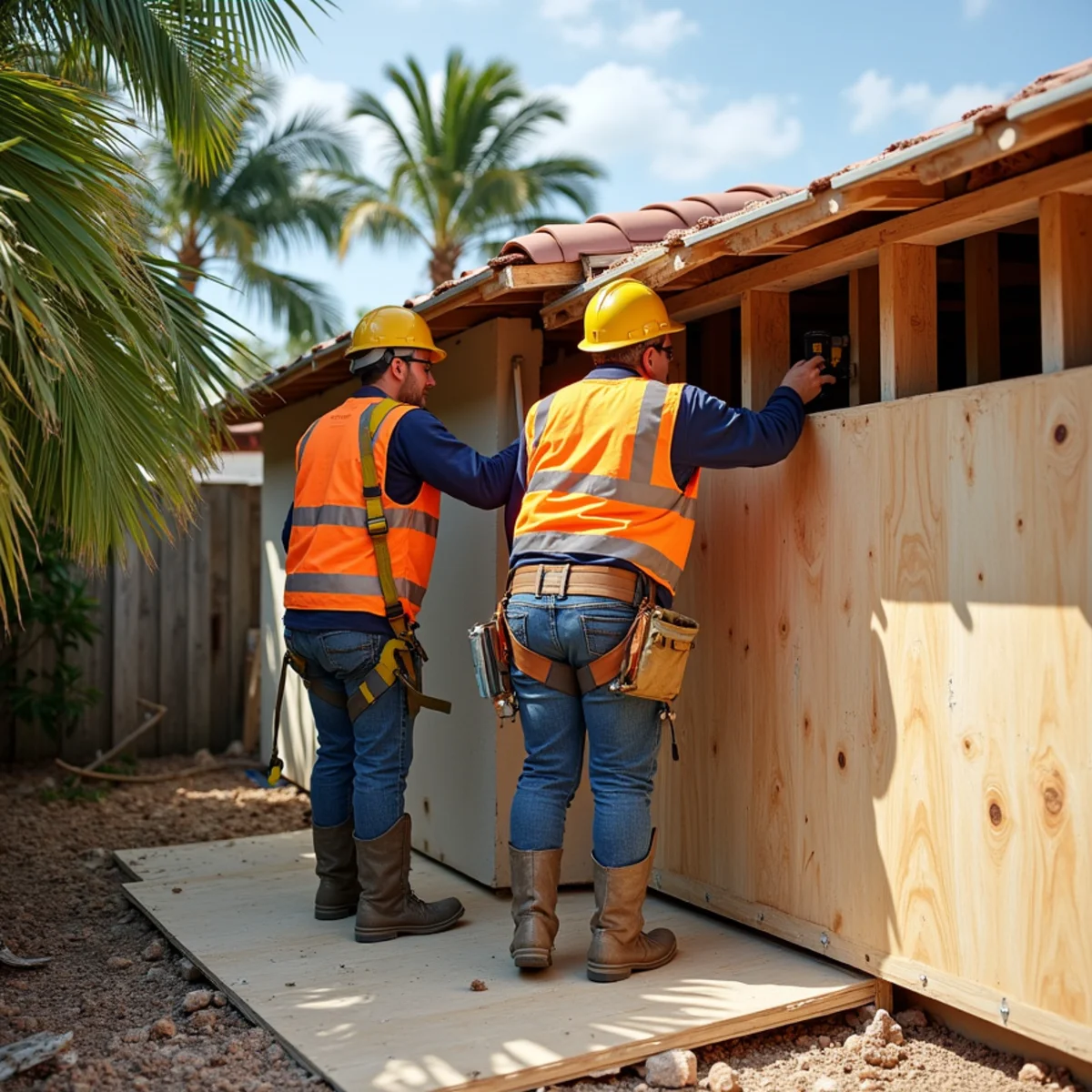 Roofers fastening new plywood sheathing on a storm-damaged home in West Boca Raton