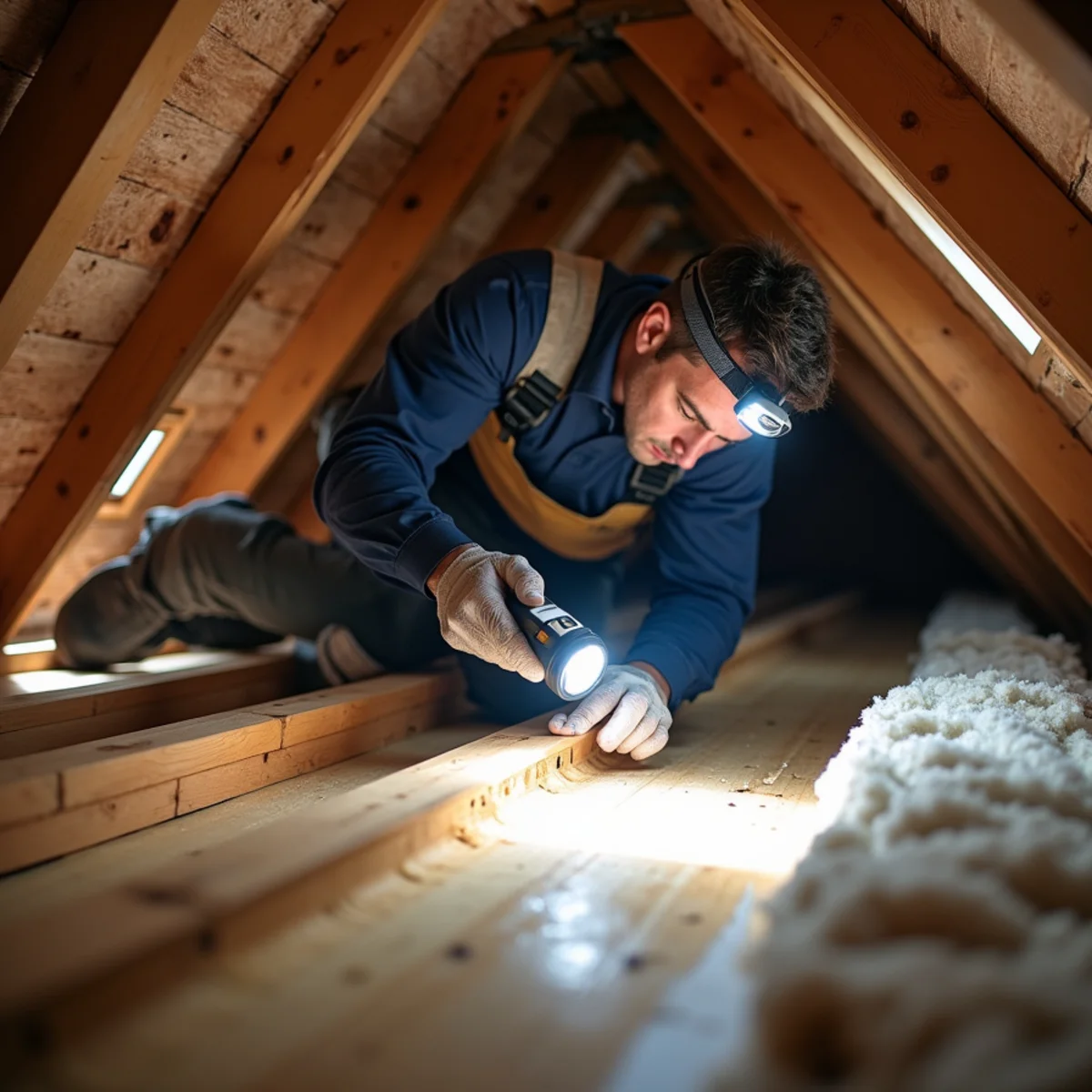 Roof inspector checking the attic deck for moisture during a roof inspection in Boca Raton