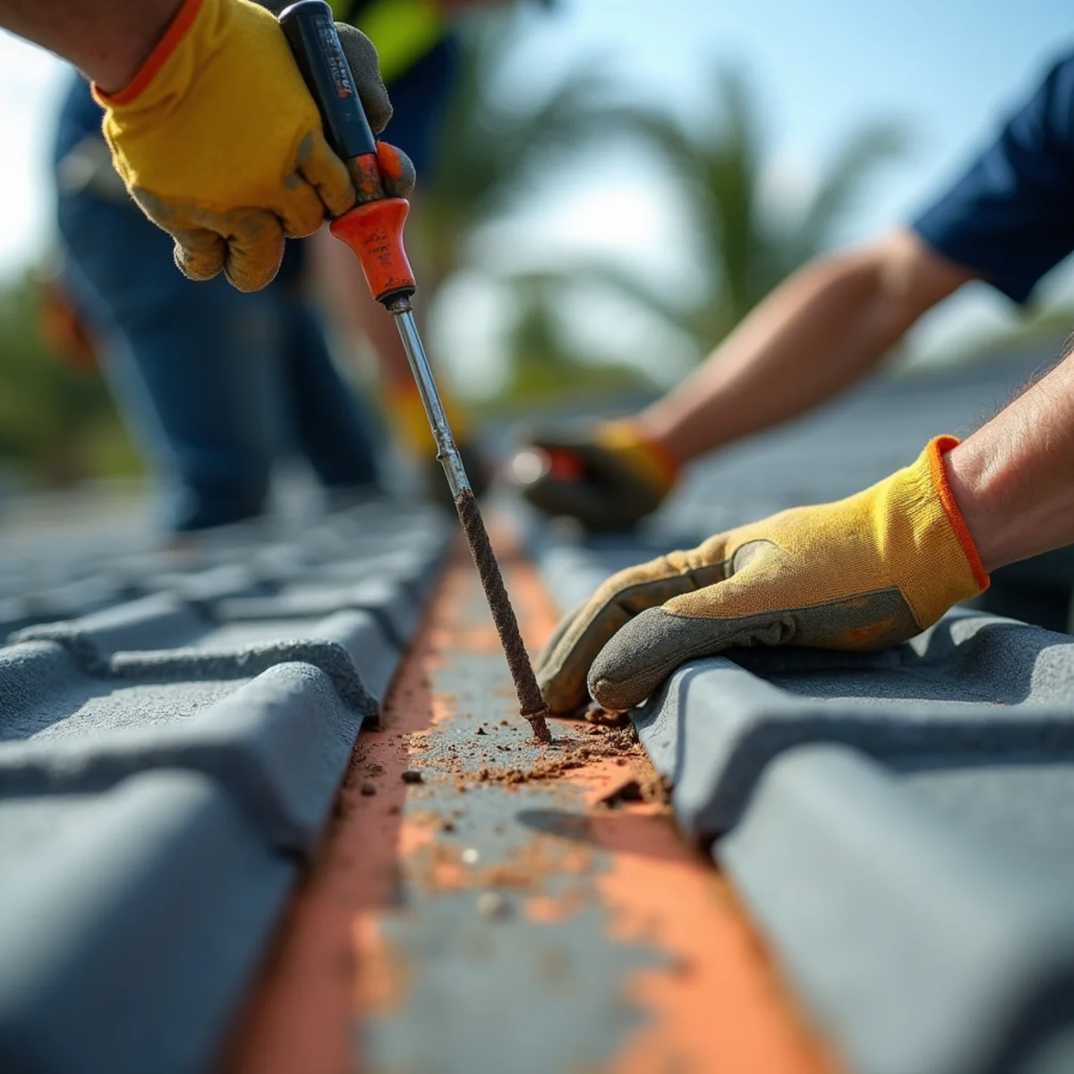Inspector documenting salt-air corrosion on tile roof valley metal near the coast in Boca Raton