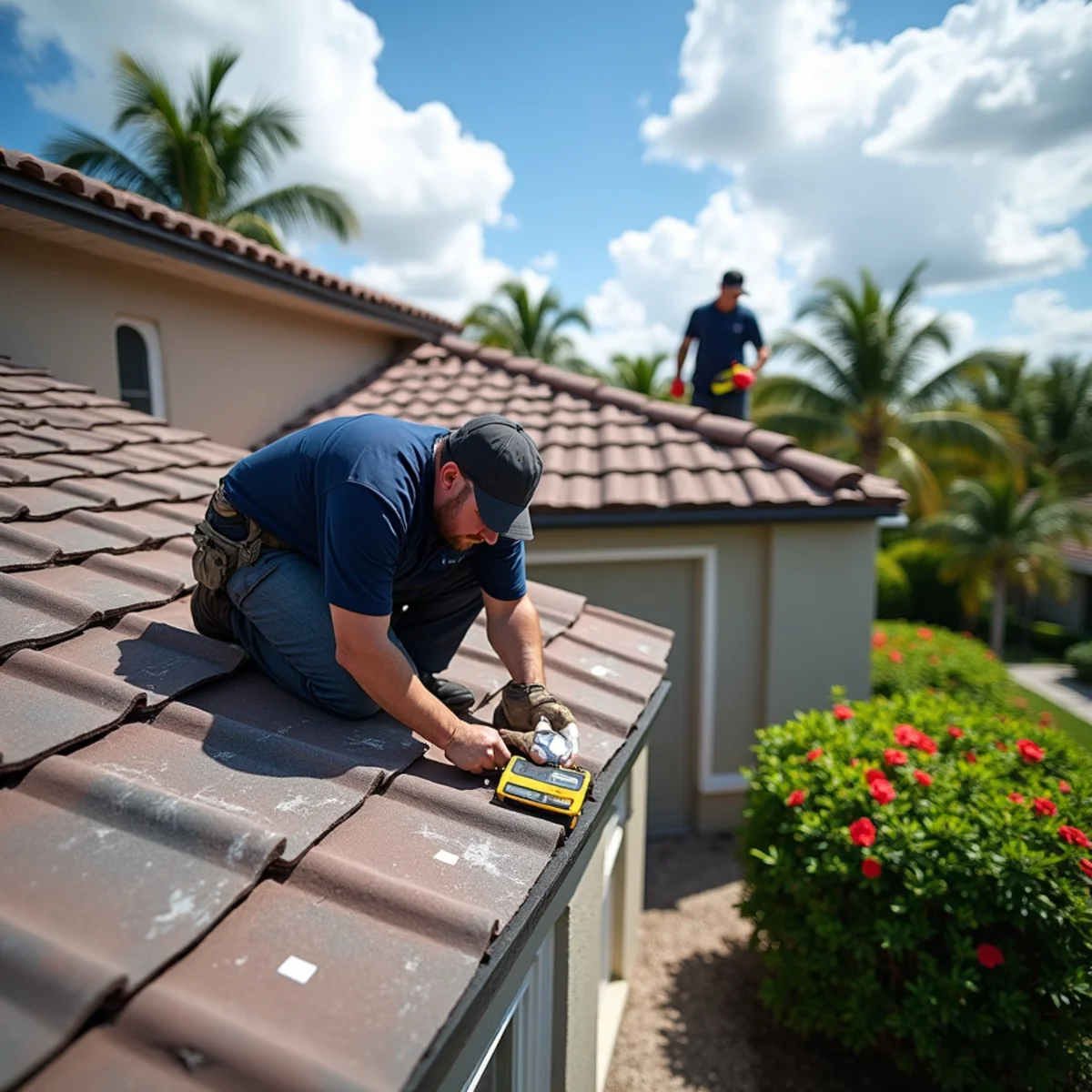 Roofer measuring roof pitch and marking wind-damaged shingles for an insurance claim in Boca Raton
