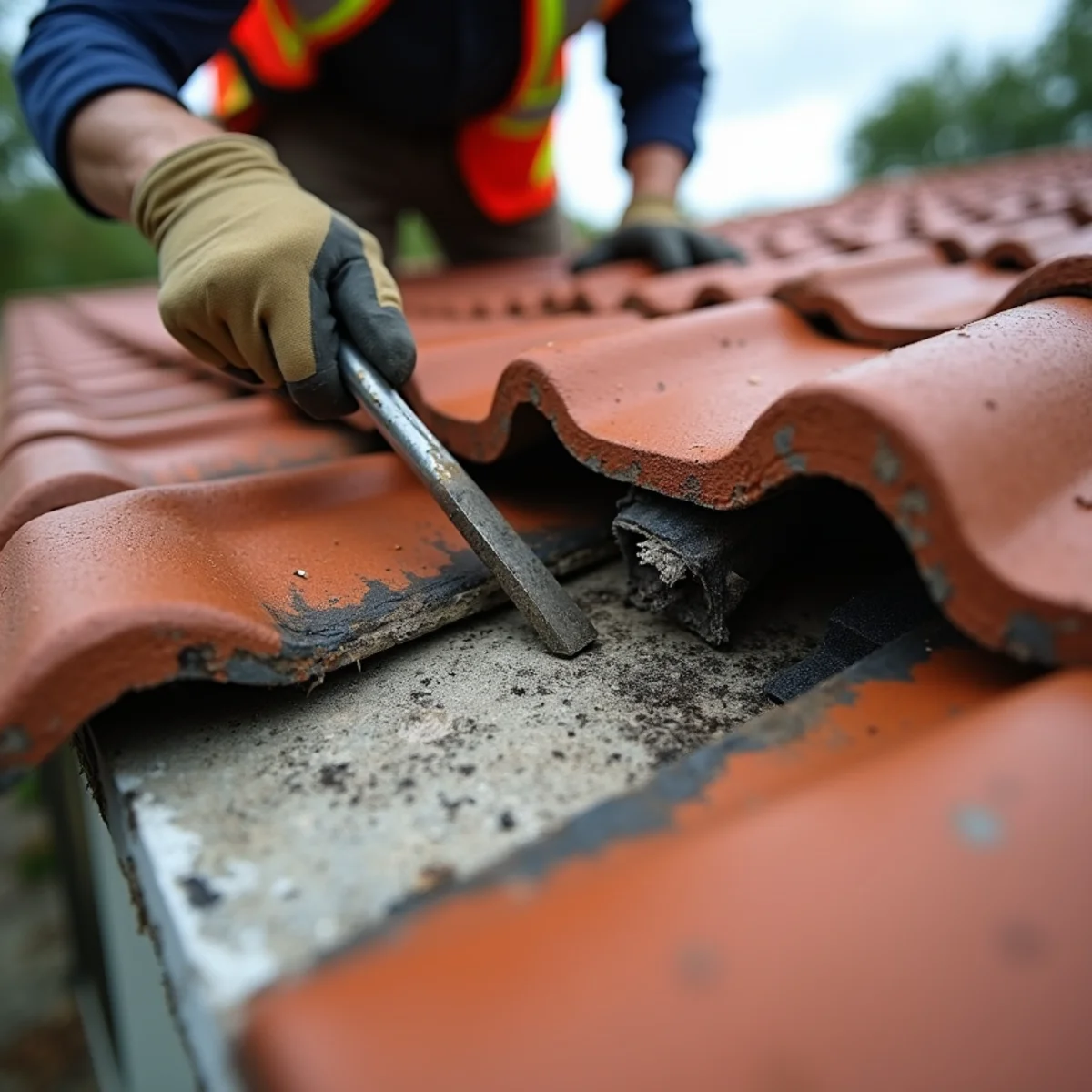 Corroded counterflashing and stained underlayment at a roof-to-wall leak point in Boca Raton