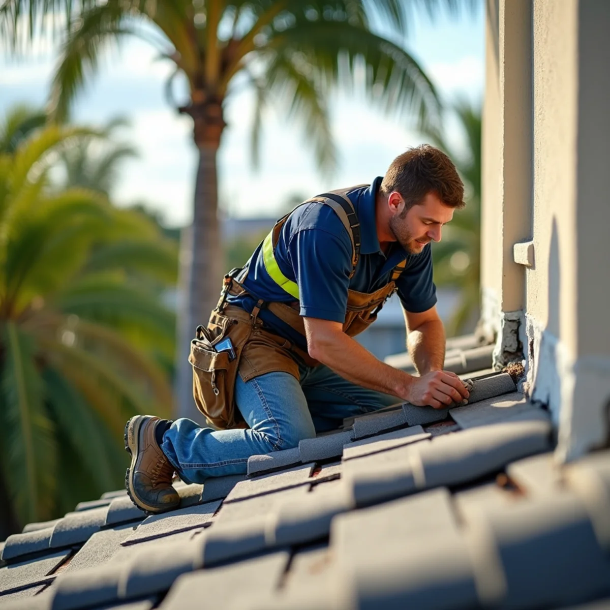 Roofer replacing rusted wall flashing where a shingle roof meets stucco in Boca Raton