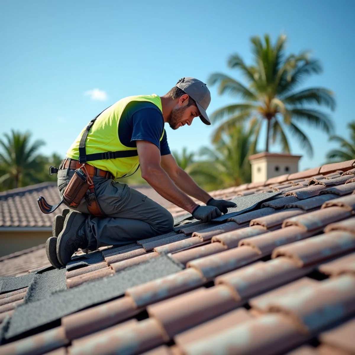 Roofer replacing a lifted section of architectural shingles on a stucco home in Boca Raton, FL