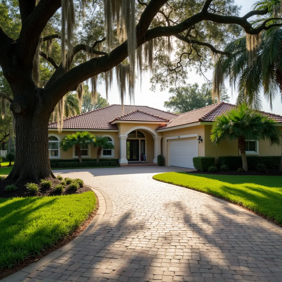 Custom 1970s home with clay tile and flat parapet roof sections in Atlantis, FL