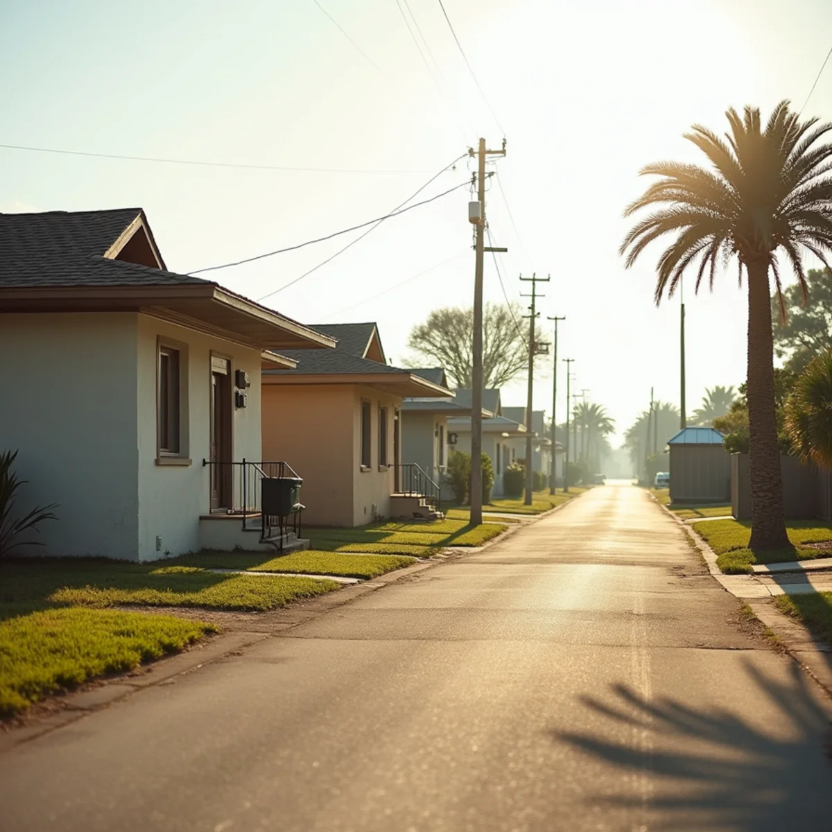 Modest concrete block homes with shingle roofs and metal sheds in Belle Glade, FL