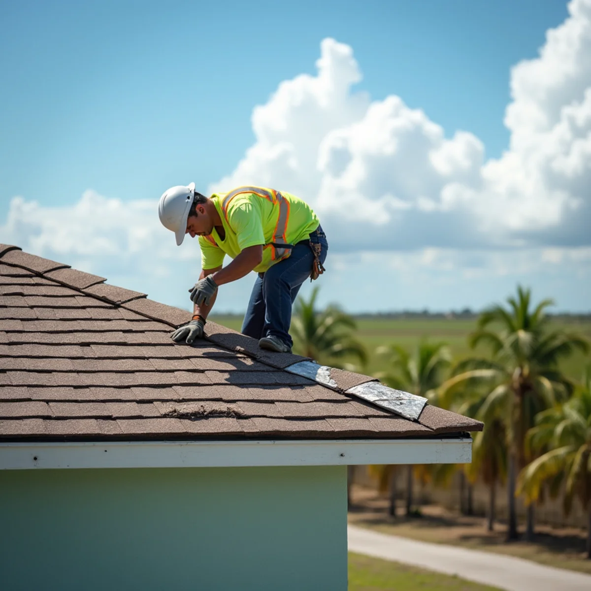 Roofer replacing wind-damaged shingles on a block home in Belle Glade, FL
