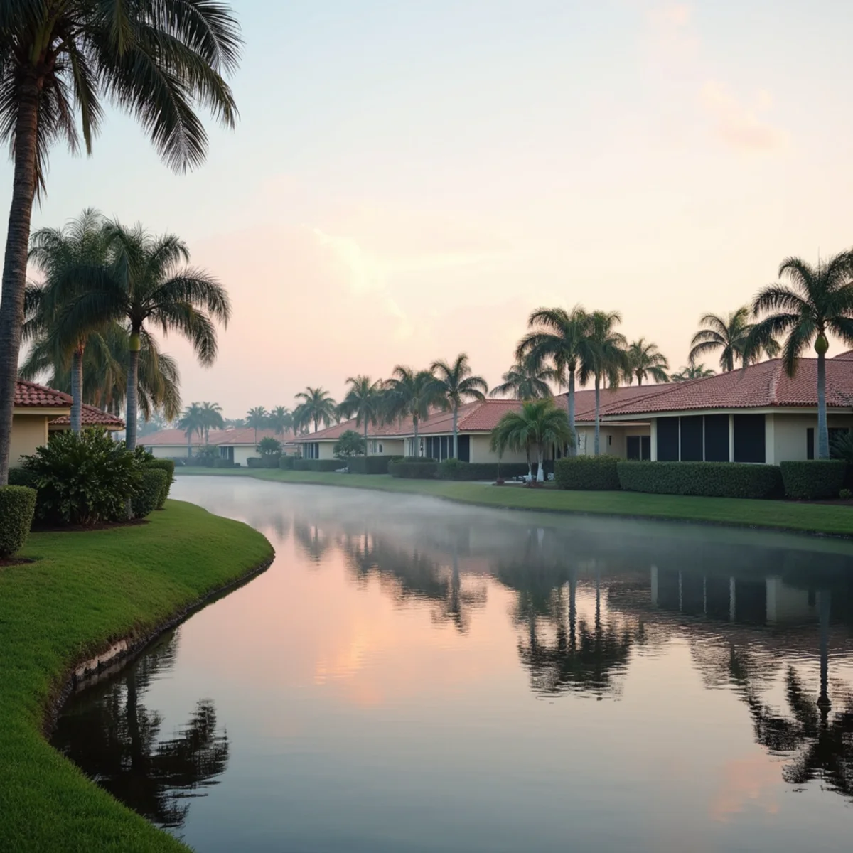 Lakefront homes with matching concrete tile roofs across the water in Boca Pointe, FL