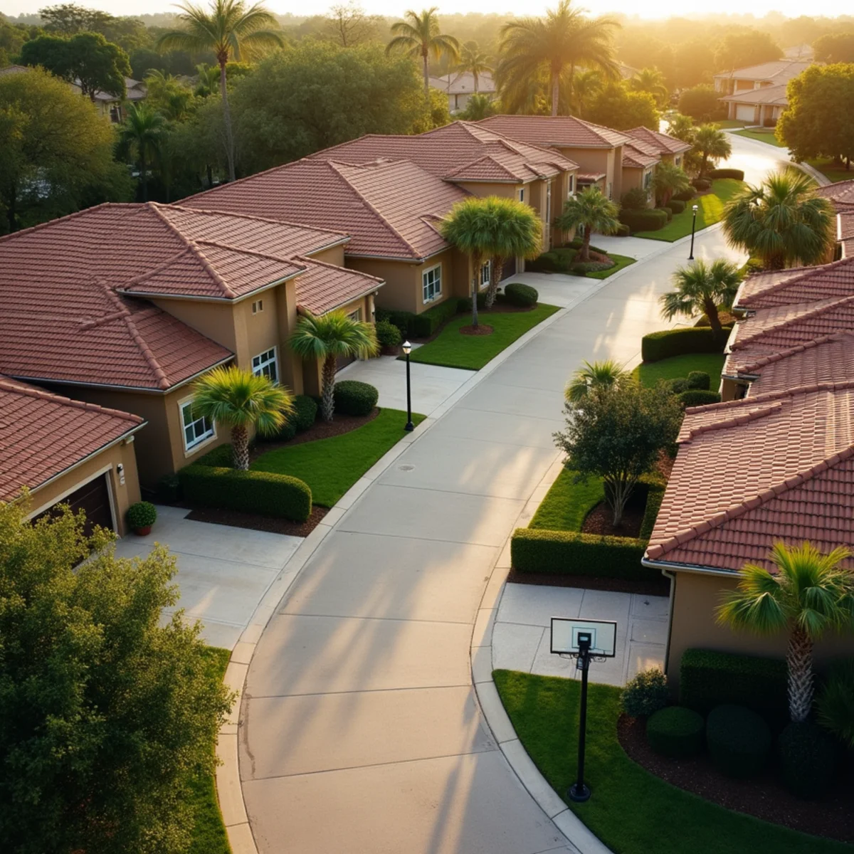 1980s two-story homes with weathered concrete tile roofs on a Coral Springs, FL cul-de-sac