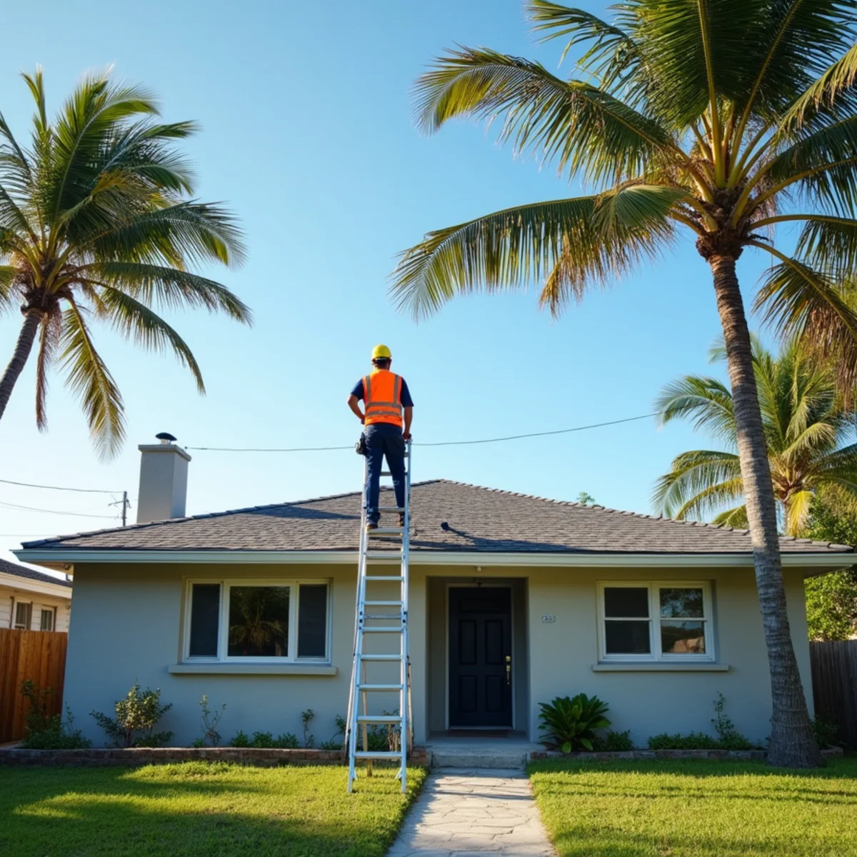 Roofer checking wind-lifted shingles on a small 1950s Dania Beach home