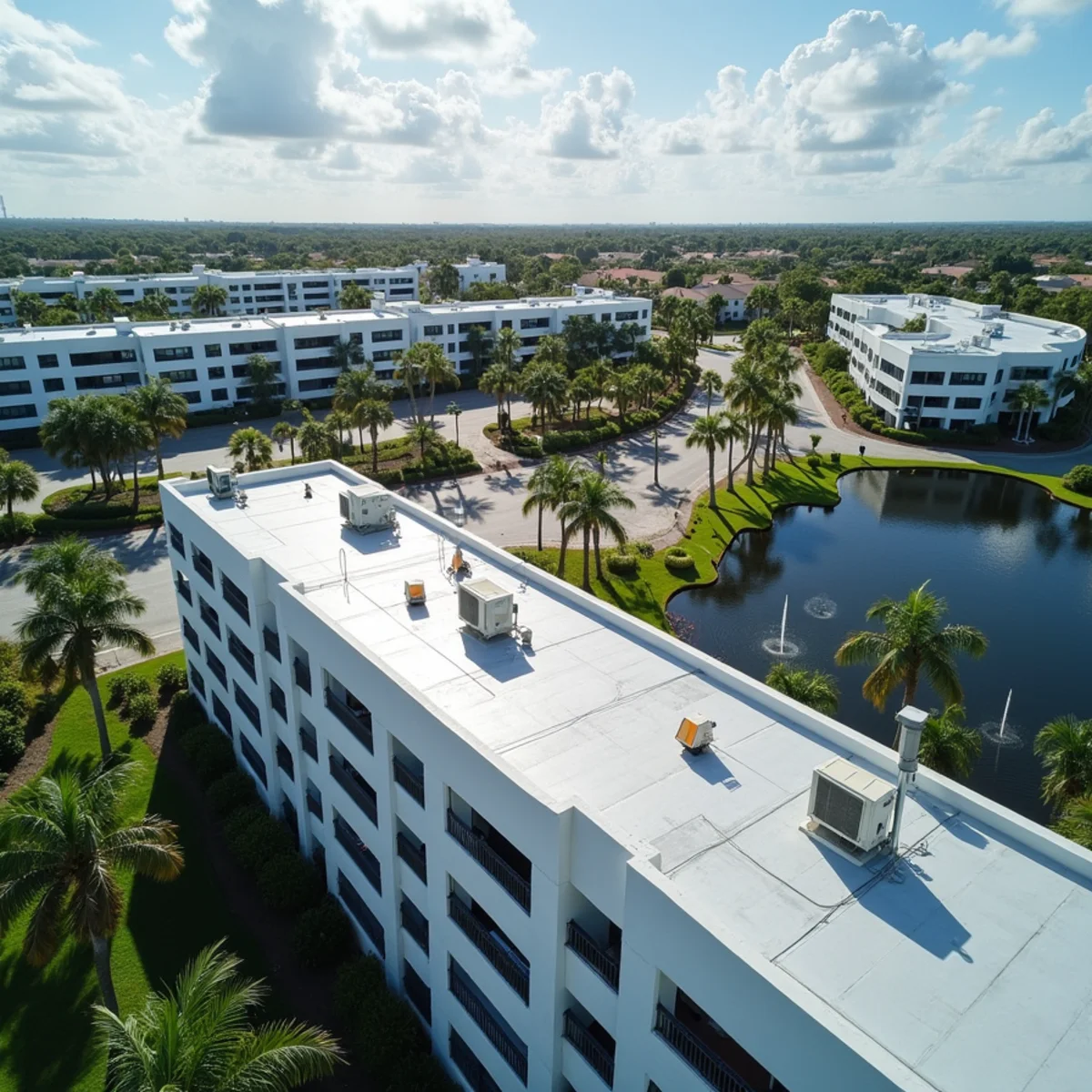 Multi-story 55+ condo buildings with low-slope roofs in west Deerfield Beach, FL