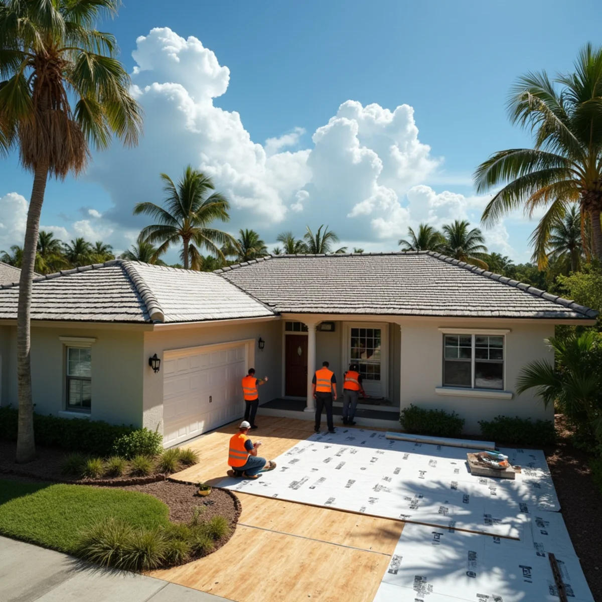 Roofing crew staging underlayment and new decking outside a Deerfield Beach block home