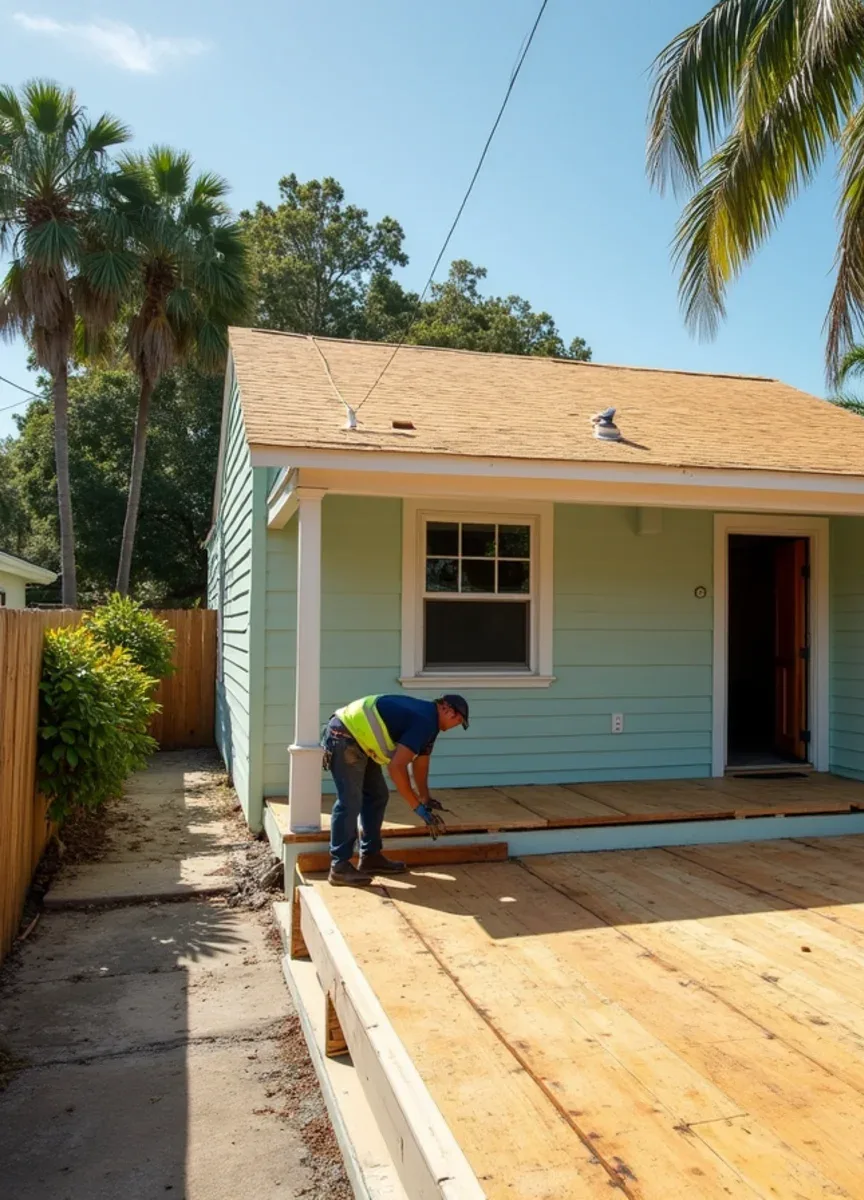 Worker rebuilding the wood porch deck of a 1940s cottage in Delray Beach, FL