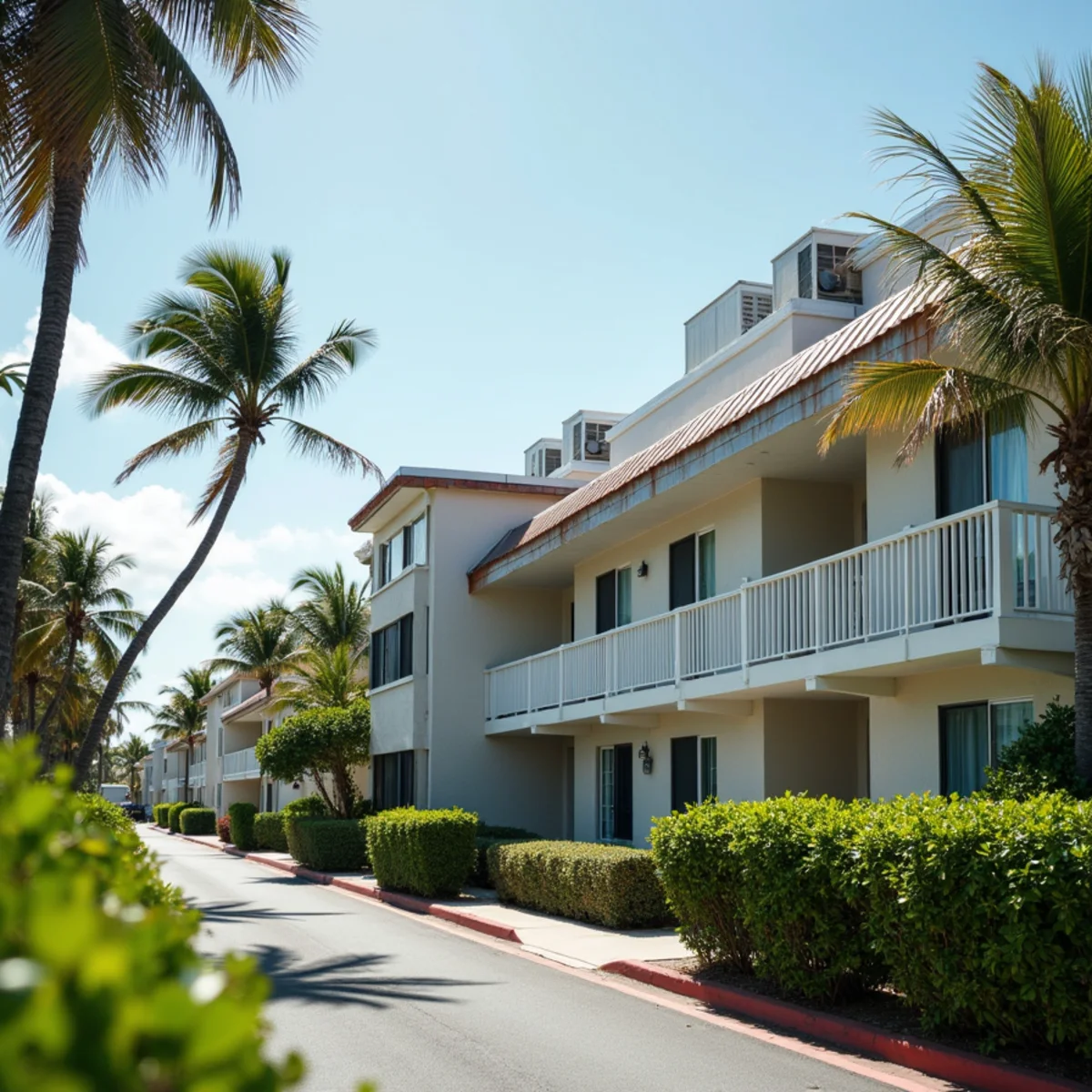 Low-rise oceanfront condo with flat roof and salt-weathered railings on A1A in Highland Beach, FL