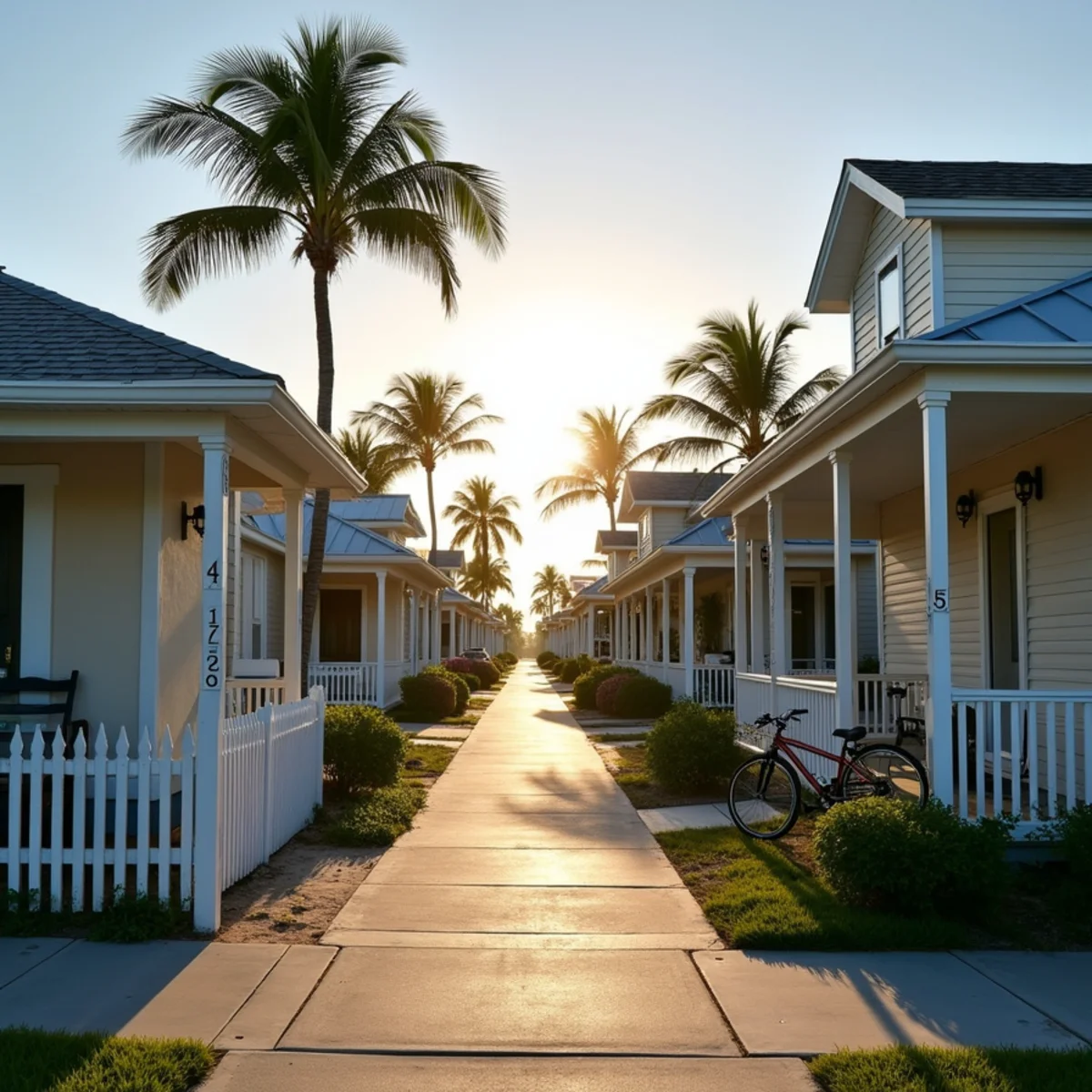 1920s frame cottages with metal and shingle roofs on a narrow Lake Worth Beach, FL street