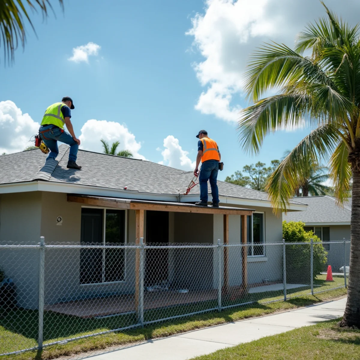 Roofers rebuilding a flat carport roof on a block home in Lake Worth Corridor, FL