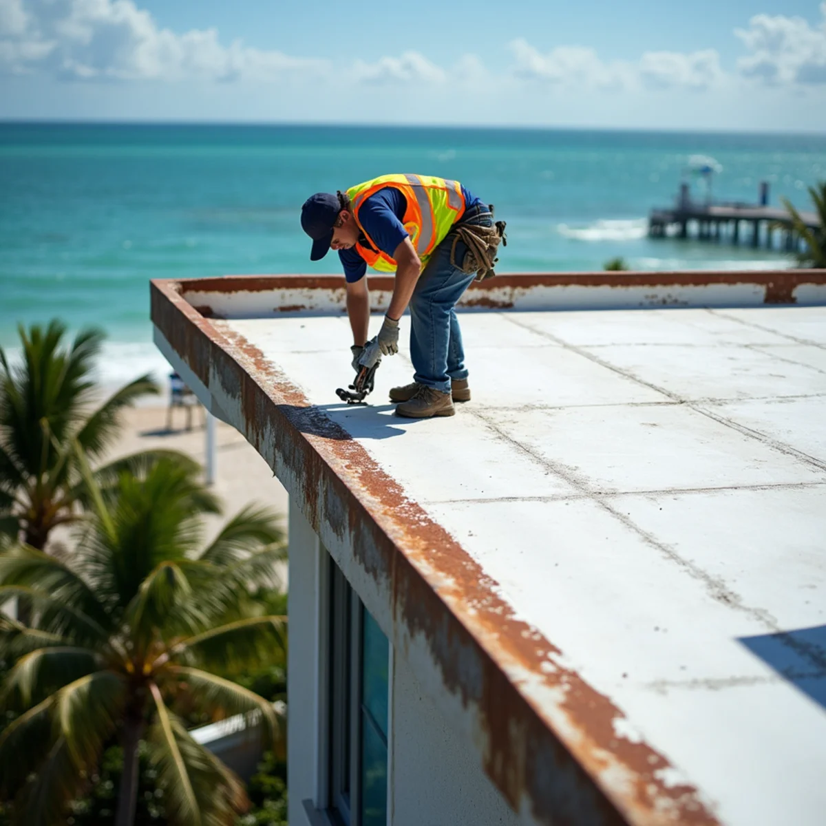 Roofer replacing rusted edge metal on a low-rise condo roof in Lauderdale-by-the-Sea