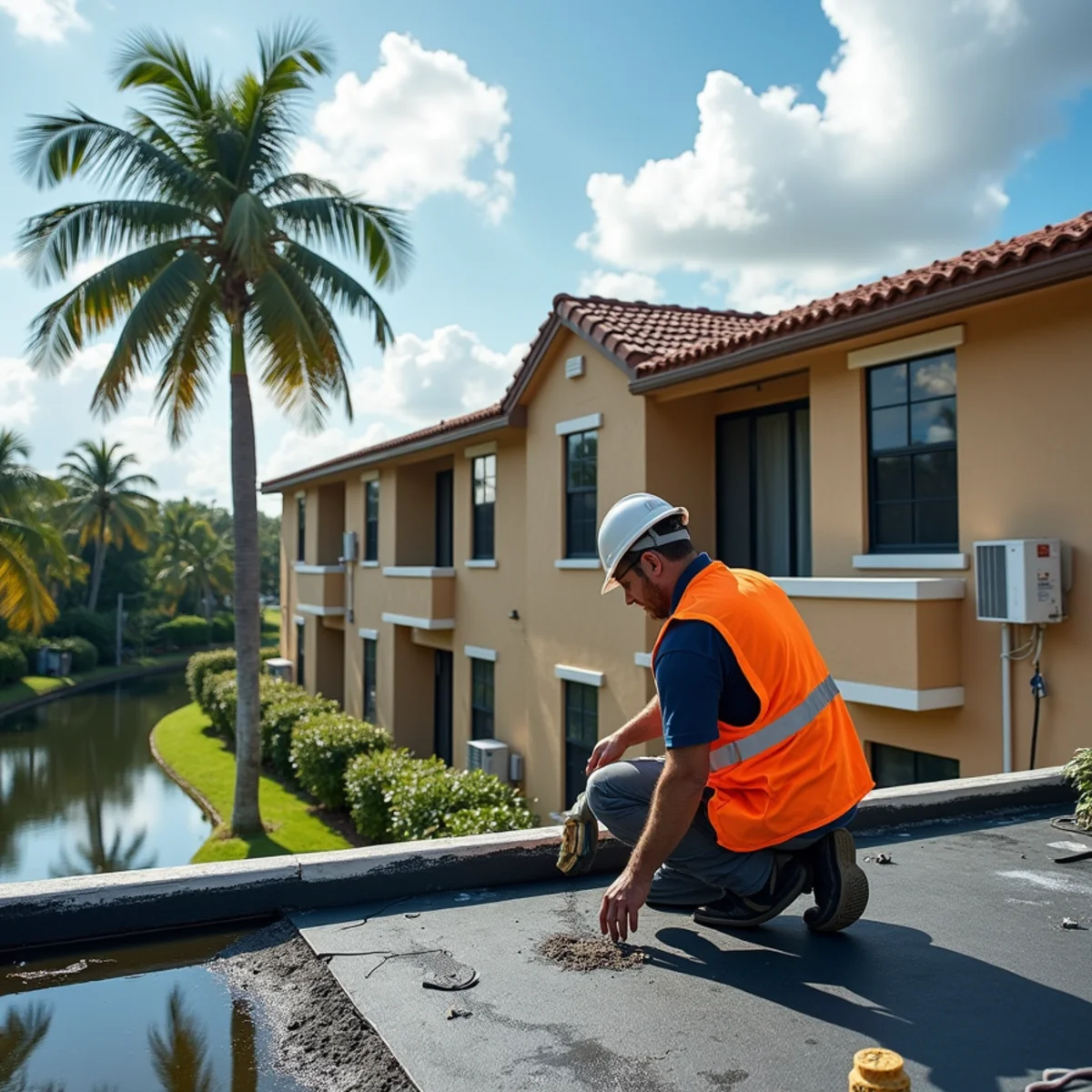 Roofer clearing a scupper on a low-slope condo roof in Lauderdale Lakes