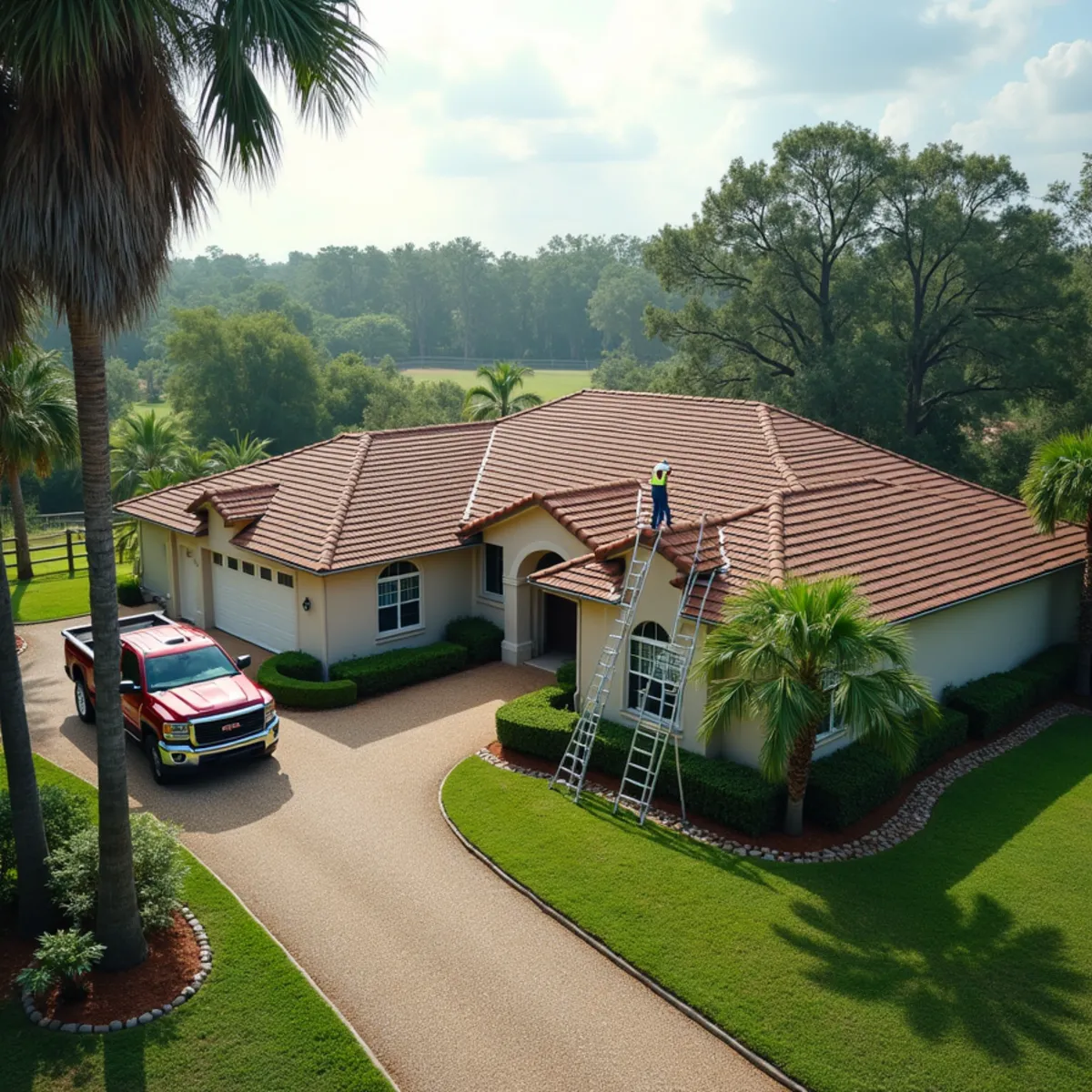 Roofer inspecting a shingle roof on a rural acreage home in Loxahatchee Groves, FL