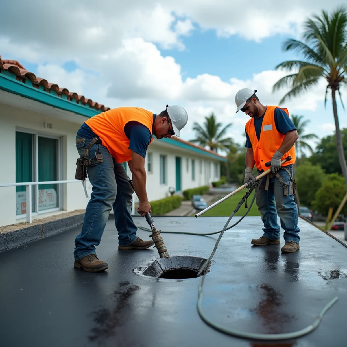 Roofers repairing a flat roof on a garden condo building in Margate, FL