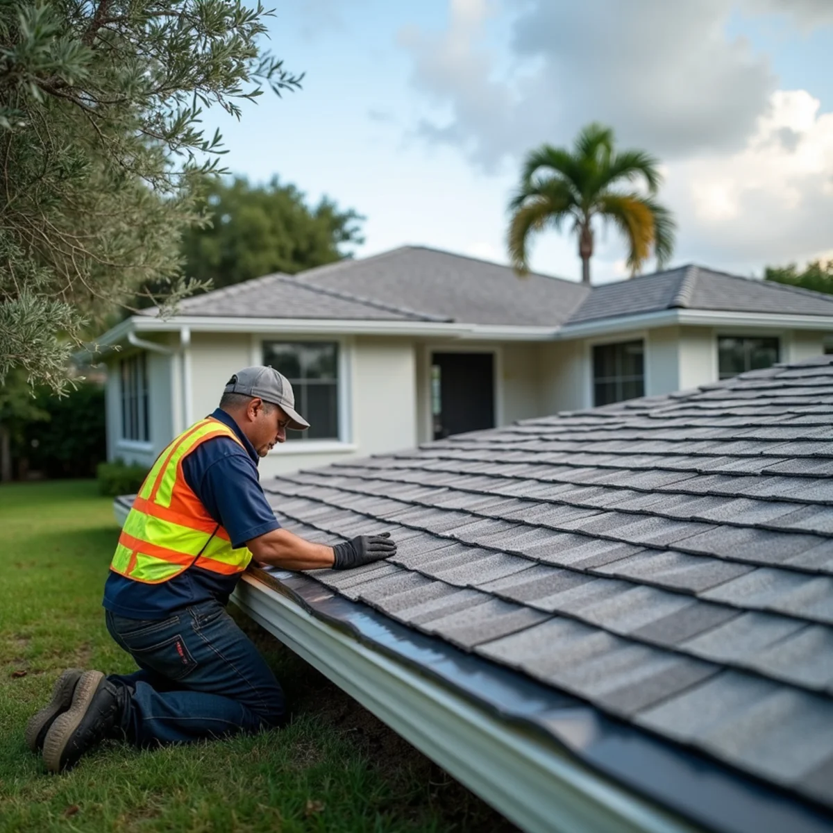Roofer inspecting the joint between a flat-roof addition and a shingle roof on an Oakland Park ranch home
