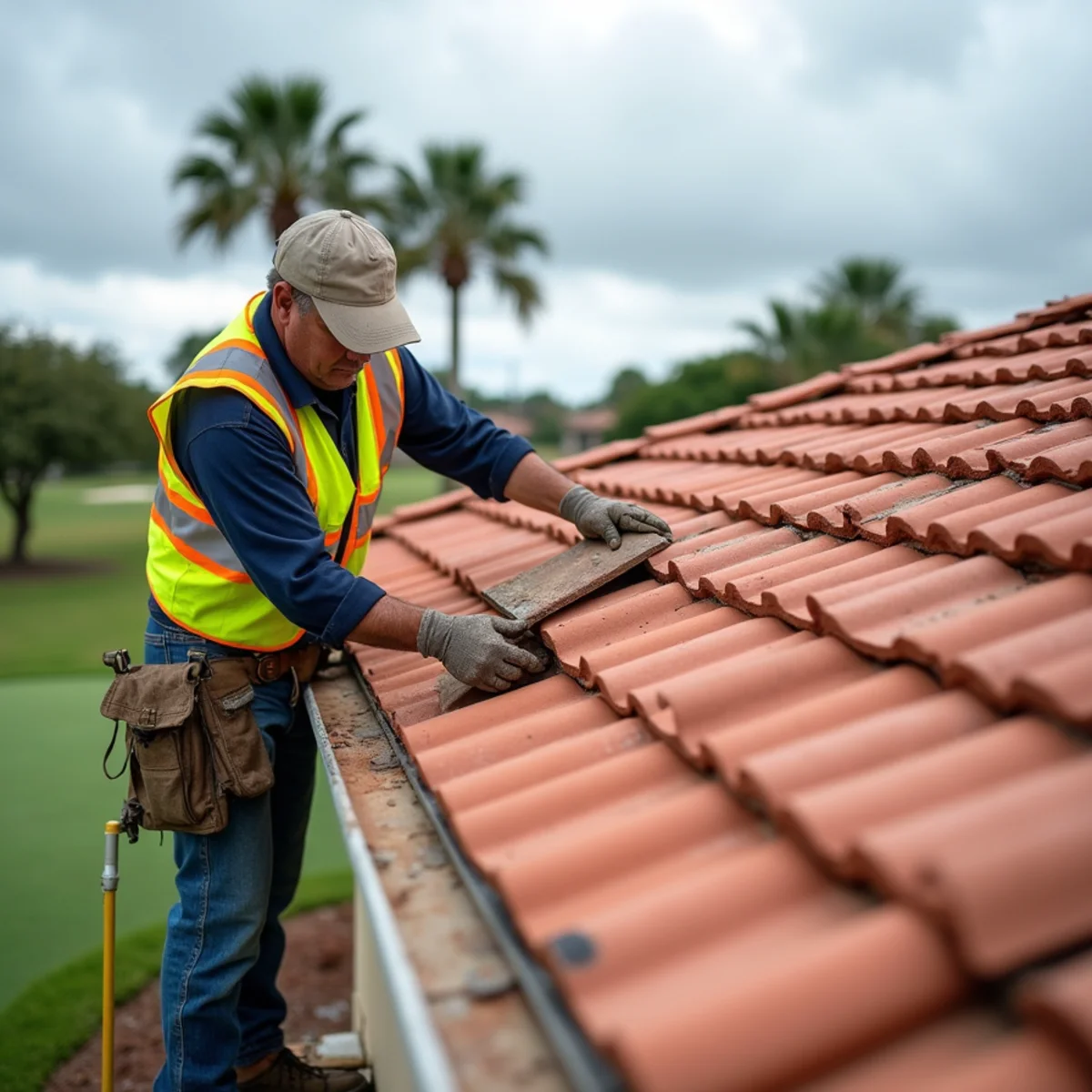 Roofer lifting tiles to check underlayment on a Palm City golf-course home