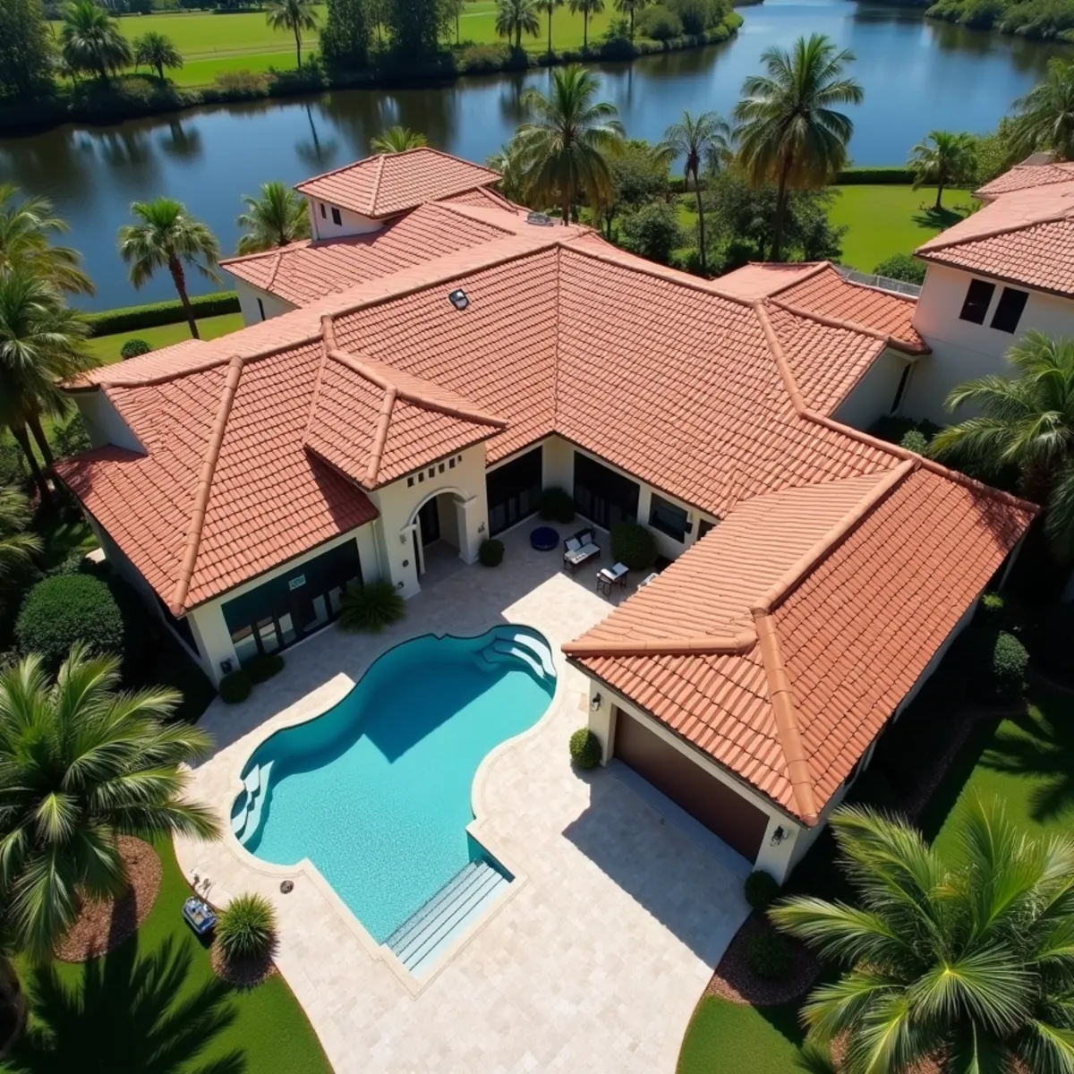 Aerial view of a large Parkland, FL home with a complex concrete tile hip roof