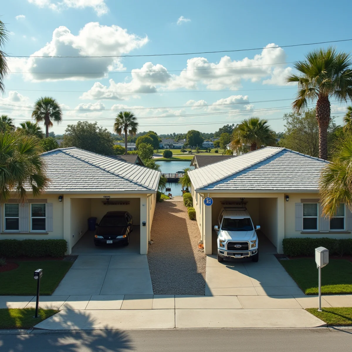 Block duplexes and homes with low-pitch shingle roofs in South Bay, FL