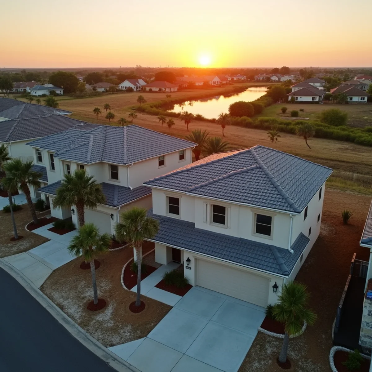 New homes with concrete tile and architectural shingle roofs at sunrise in Westlake, FL