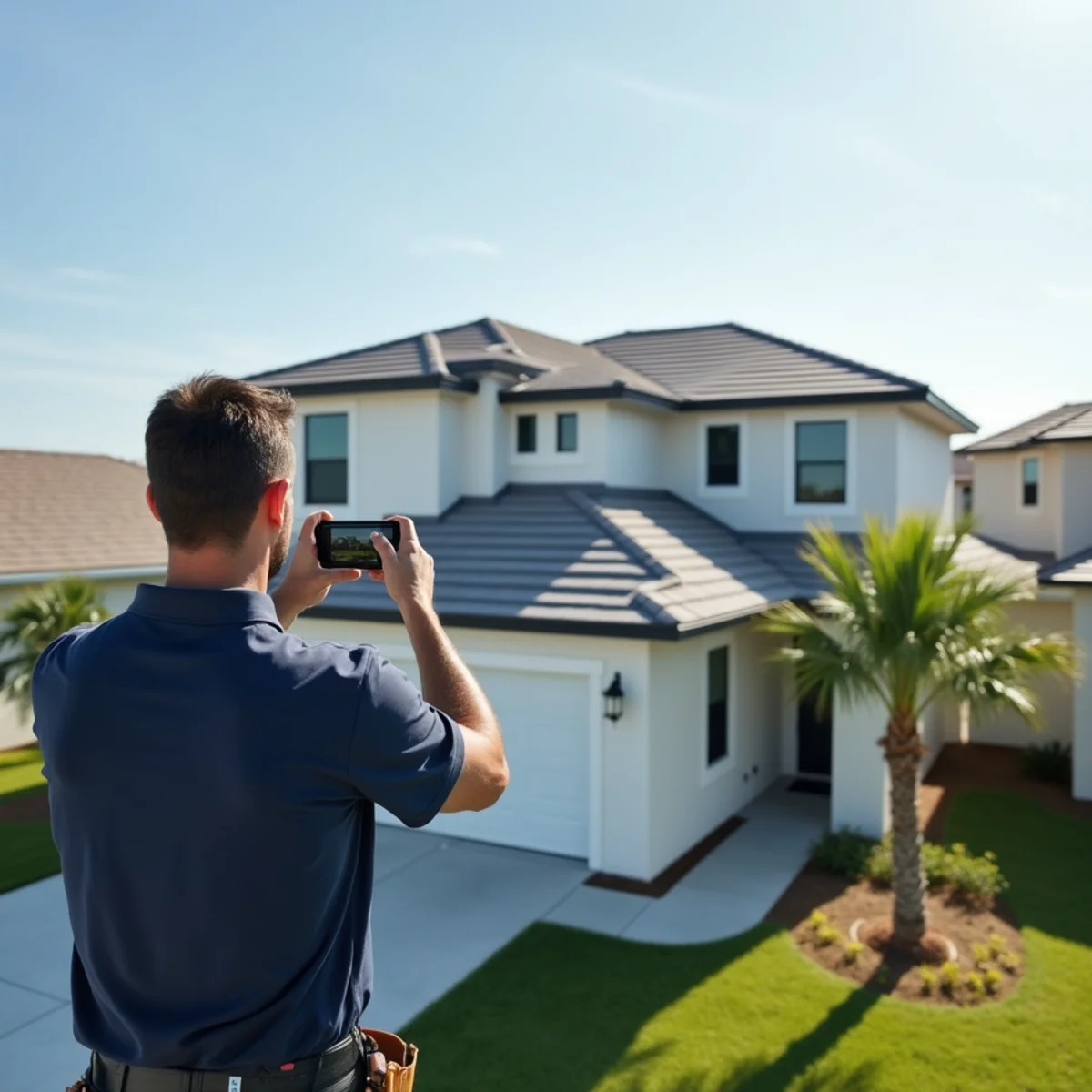 Roofer checking flashing on a newly built tile-roof home in Westlake, FL
