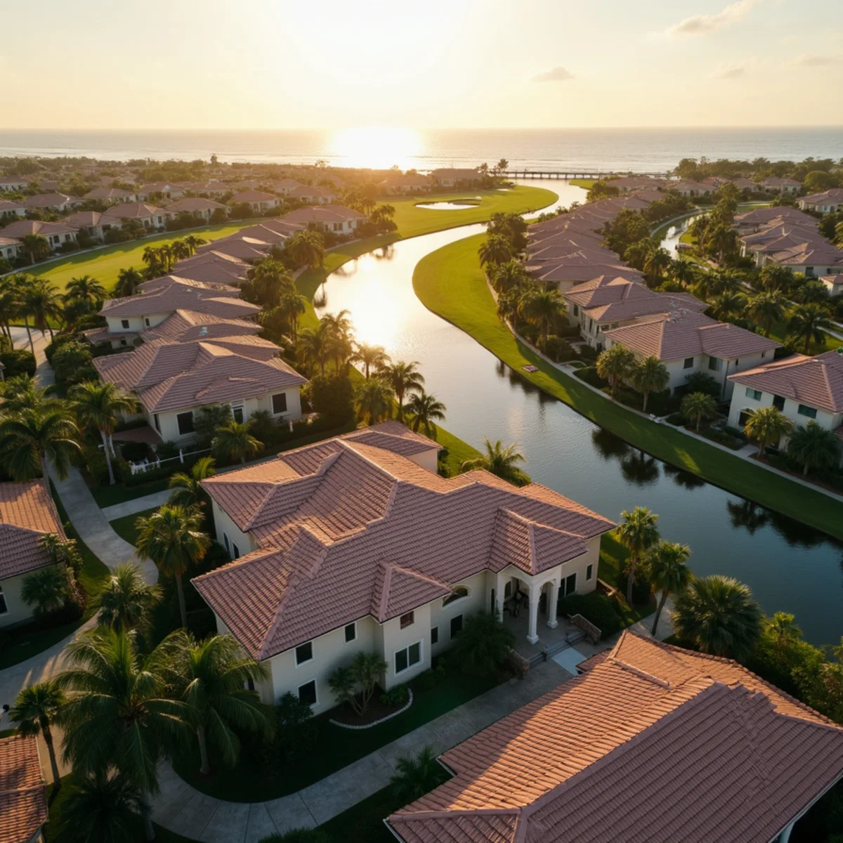 Aerial view of tile-roofed neighborhoods and waterways across Palm Beach County, FL