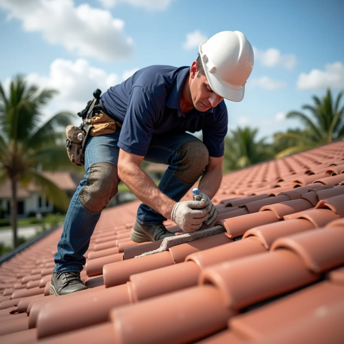 Roofer resetting loose hip tiles with foam adhesive on a barrel tile roof in Boca Raton
