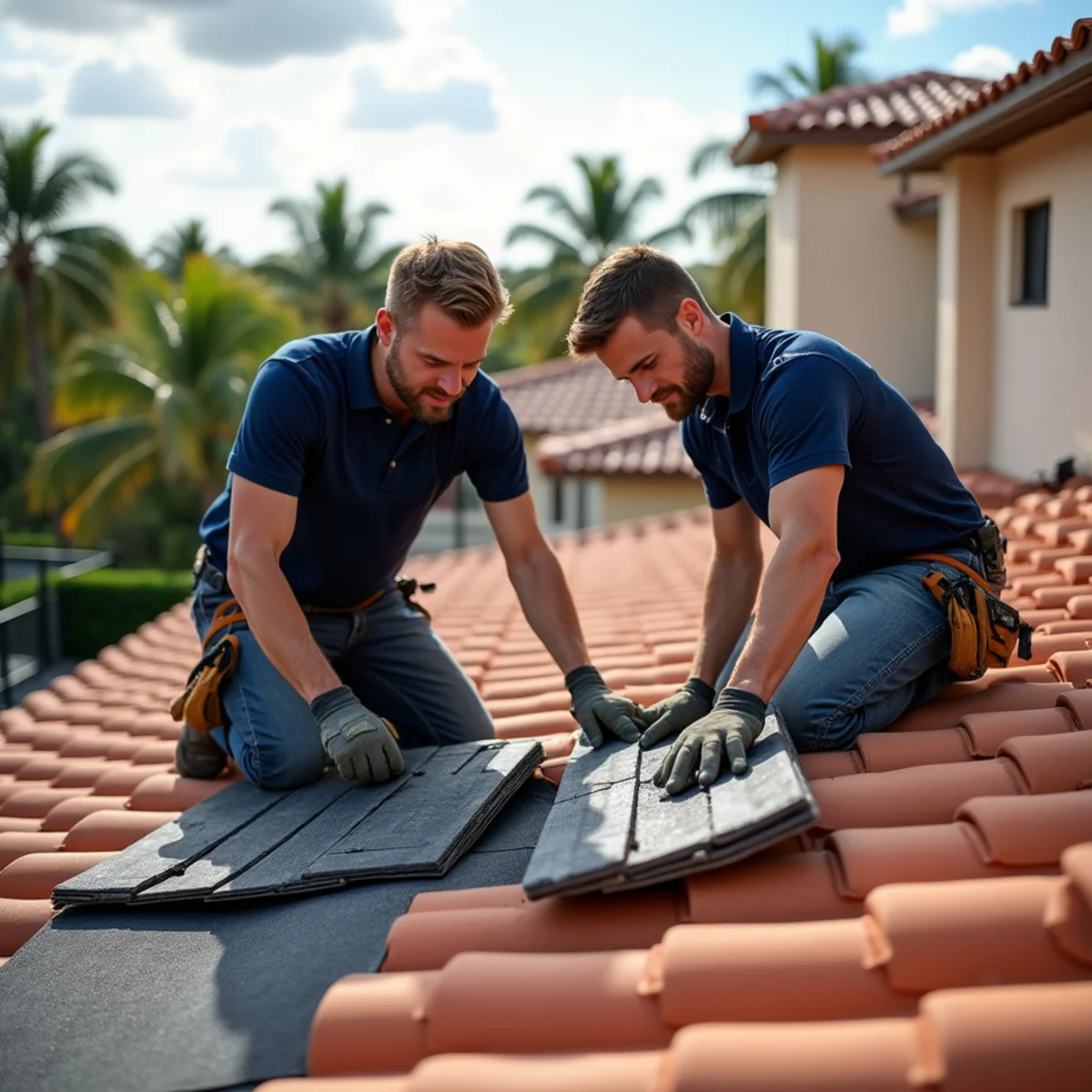 Roofer lifting cracked concrete barrel tiles to reach the underlayment on a Boca Raton, FL home